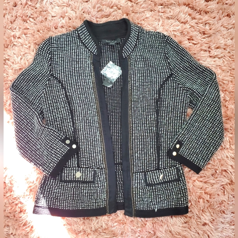 White House Black Market Tweed Black/Silver/Gray Beaded Jacket Size M
